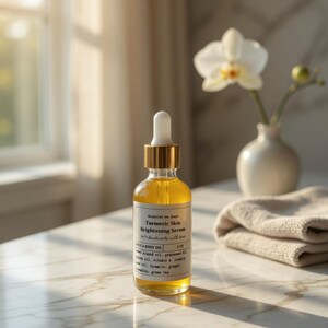 May include: A clear glass bottle of Turmeric Skin Brightening Serum with a white label and gold accents. The bottle is filled with a yellow liquid and sits on a marble surface. A white orchid and a folded towel are in the background.