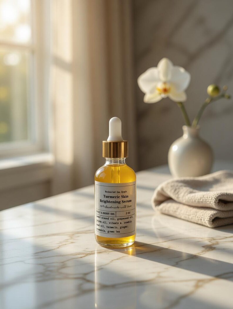 May include: A clear glass bottle of Turmeric Skin Brightening Serum with a white label and gold accents. The bottle is filled with a yellow liquid and sits on a marble surface. A white orchid and a folded towel are in the background.