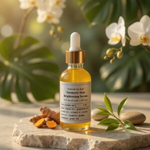 May include: A clear glass bottle of Turmeric Skin Brightening Serum with a gold cap and dropper, sitting on a stone slab. The label includes the text "Turmeric Skin Brightening Serum". Fresh turmeric root and green leaves are also present.