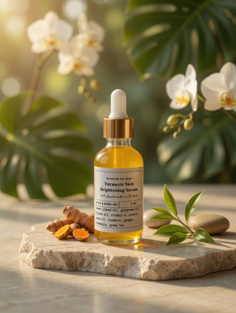 May include: A clear glass bottle of Turmeric Skin Brightening Serum with a gold cap and dropper, sitting on a stone slab. The label includes the text "Turmeric Skin Brightening Serum". Fresh turmeric root and green leaves are also present.