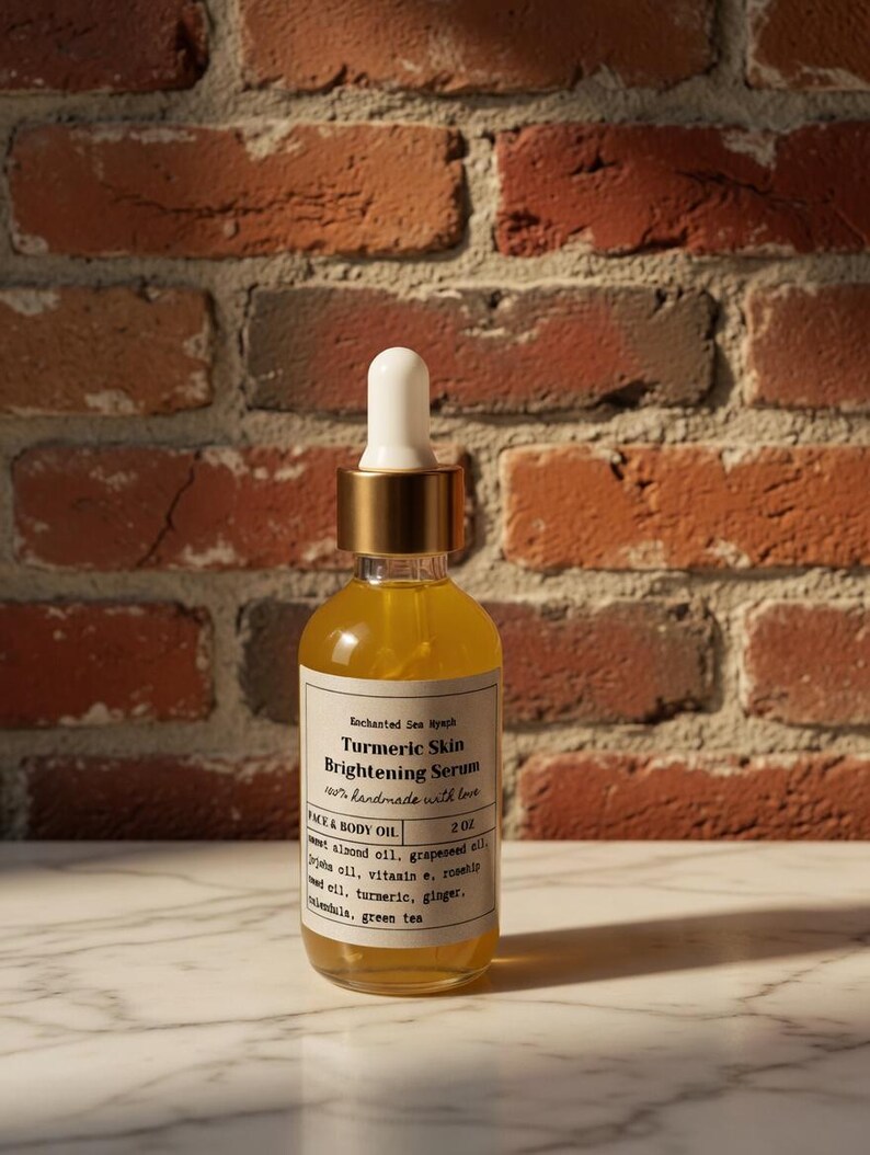May include: A clear glass bottle of Turmeric Skin Brightening Serum with a white and gold dropper. The label lists ingredients like sweet almond oil and vitamin E. The bottle is on a marble surface with a brick wall background.