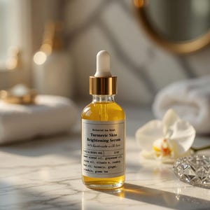 May include: A clear glass bottle of Turmeric Skin Brightening Serum with a gold cap and white dropper. The label reads "Enchanted Sea Nymph" and "handmade with love." The bottle contains a yellow liquid and sits on a marble surface.