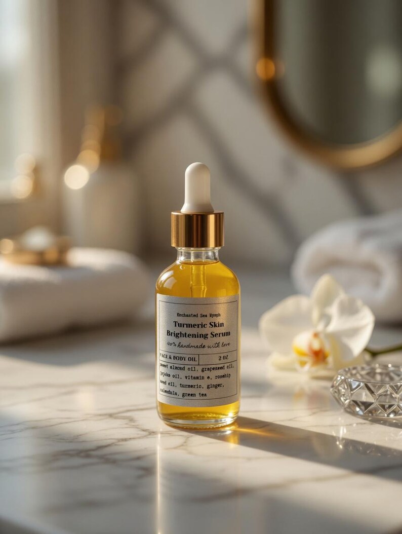 May include: A clear glass bottle of Turmeric Skin Brightening Serum with a gold cap and white dropper. The label reads "Enchanted Sea Nymph" and "handmade with love." The bottle contains a yellow liquid and sits on a marble surface.