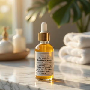 May include: A clear glass bottle of Turmeric Skin Brightening Serum with a gold cap and white dropper. The label reads "FACE & BODY OIL" and lists ingredients. The bottle is on a marble surface, with a blurred background of towels and a plant.