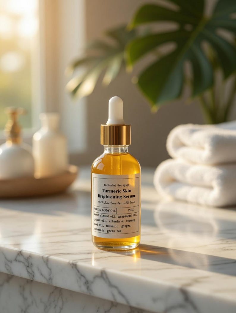 May include: A clear glass bottle of Turmeric Skin Brightening Serum with a gold cap and white dropper. The label reads "FACE & BODY OIL" and lists ingredients. The bottle is on a marble surface, with a blurred background of towels and a plant.