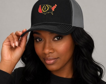 Black American Heritage Flag USA Map Embroidered Trucker Hat | Black & Red Cultural Pride Snapback Hat | FBA Black American Patriotic cap