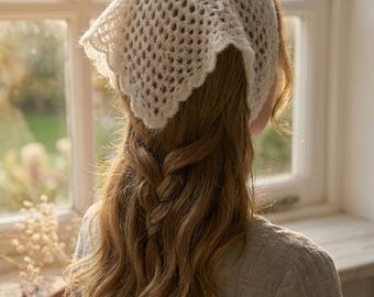 Hand Crocheted Mohair Triangle Bandana, Cottagecore Lace Head Scarf, Boho Hair Wrap