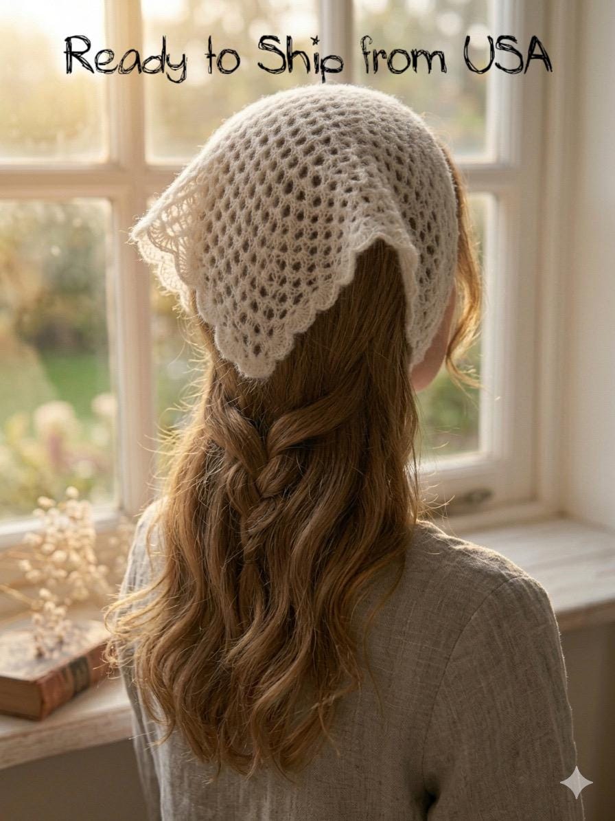 Hand Crocheted Kid Mohair Triangle Bandana, Cottagecore Lace Head Scarf, Boho Hair Wrap