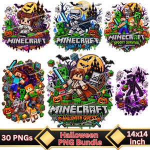 May include: A digital collection of thirty Minecraft-themed Halloween illustrations featuring pixelated characters like Steve, Alex, Endermen, and skeletons. The designs include pumpkins, bats, haunted castles, and the Minecraft logo text.