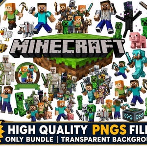 Paquete de imágenes prediseñadas de pixel art de personajes de juegos de construcción de bloques (65 archivos PNG) para descarga digital.