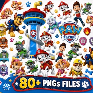 May include: A digital collection of Paw Patrol characters, including Chase, Marshall, Rubble, Skye, Rocky, Zuma, Everest, Tracker, Rex, Liberty, Wild, and Coral, alongside the Lookout tower, various badges, and the text 80+ PNGS FILES.