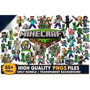 May include: A digital collection of over 65 Minecraft character and creature PNG files featuring blocky pixelated designs, including Steve, Alex, Creepers, and Endermen, with the text MINECRAFT and 65+ HIGH QUALITY PNGS FILES ONLY BUNDLE.