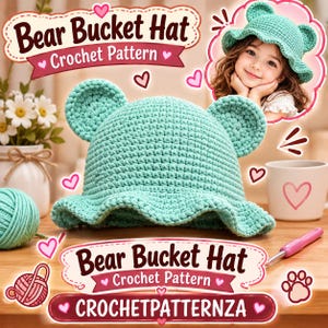 May include: A light mint green crochet bucket hat with two rounded bear ears on top. The image features text that reads Bear Bucket Hat Crochet Pattern and CROCHETPATTERNA, along with illustrations of hearts, a ball of yarn, and a paw print.