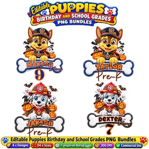 Op de afbeelding: Een digitale grafische set met vier cartoonpuppy's in Halloween-kostuums, inclusief pompoenen, geesten en vleermuizen. Elke puppy rust op een botvormig naamplaatje met aanpasbare tekst. De koptekst luidt Editable Puppies Birthday and School Grades PNG Bundles.