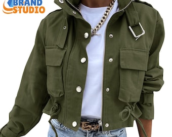 Women's Cropped Motorcycle Jacket – Vintage Style Biker Coat, Streetwear Fall Fashion