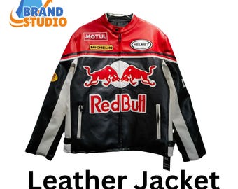 F1 Embroidered Racing Jacket, Red Bull Style Leather Biker Jacket