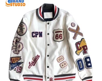 Unisex Varsity Baseball Jacket: Leather Sleeves, Embroidered Patches, Vintage Streetwear Coat