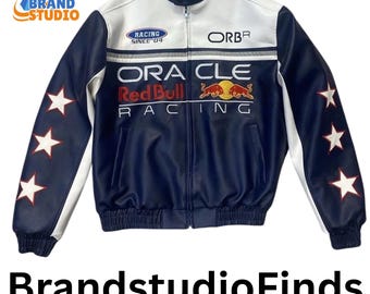 Red Bull Racing F1 Faux Leather Bomber Jacket, Embroidered Motorsport Streetwear Coat