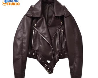 Women's Retro Motorcycle Vintage Style Jacket Faux Leather Bomber Short Belted Biker Coat