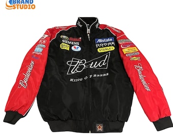 Vintage Style Budweiser Racing Jacket, Embroidered Cotton Padded Streetwear Coat