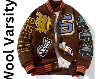 Men's Embroidered Wool Blend Varsity Vintage Style Jacket – Hip Hop Baseball Streetwear Coat