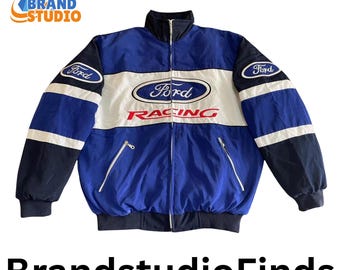 Embroidered Blue Ford Racing Vintage Style Jacket, Formula 1 Style Biker Streetwear
