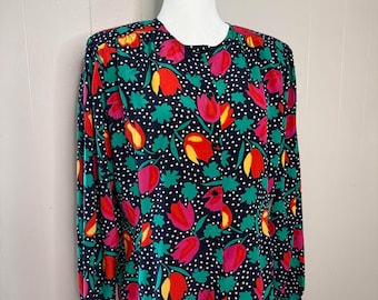 Blusa vintage de manga larga con estampado de tulipanes - talla 12