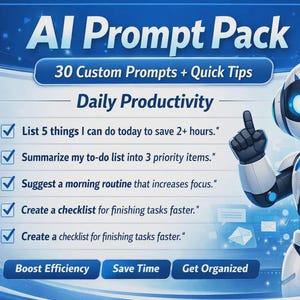 Op de afbeelding: Illustratie van een futuristische robot met een klembord en een checklist. De afbeelding promoot een "AI Prompt Pack" met "30 Custom Prompts + Quick Tips" voor "Dagelijkse Productiviteit". De robot is wit en blauw.