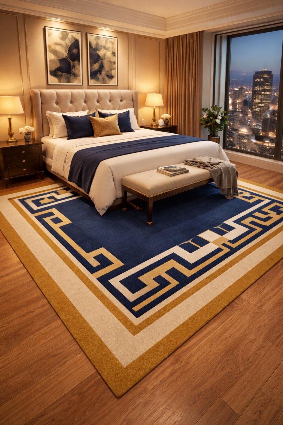 Navy Blue Greek Key Area Rug | Modern Geometric Carpet - Etsy