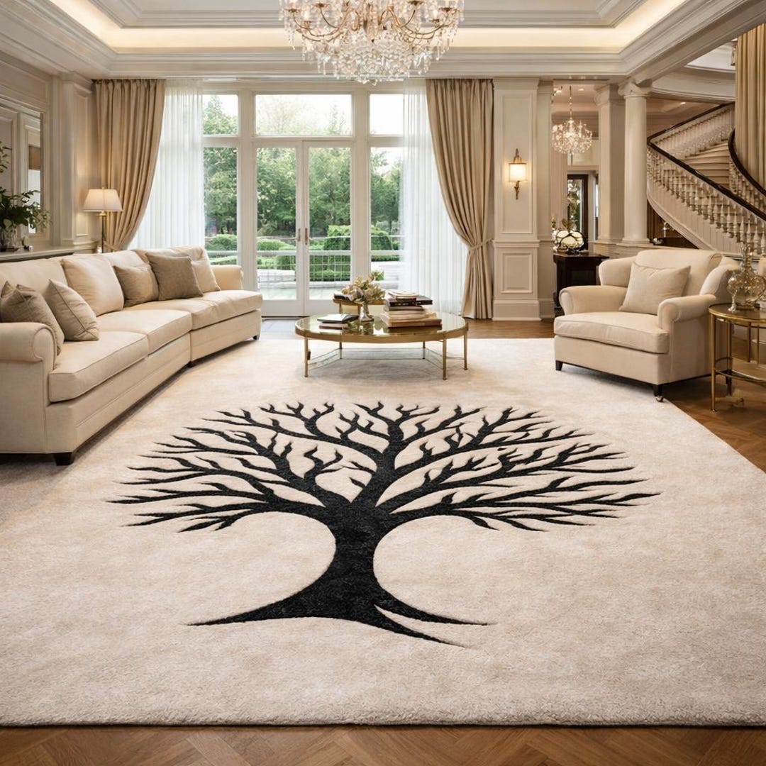 Hand Tufted Wool Tree of Life Rug – Modern Black & Ivory Carpet - Etsy
