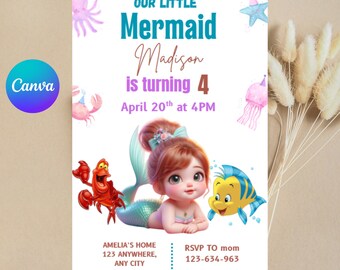 Little Mermaid Invitation| Mermaid Birthday Invitation Ariel Party Little Mermaid Watercolor Invitation Ariel | mermaid girl bday invite.