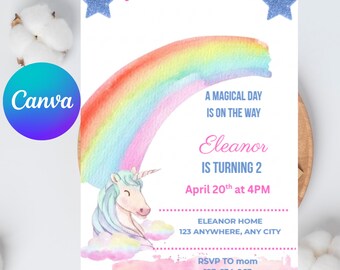 Unicorn Birthday Invitation Canva, Unicorn Invitation, Rainbow Unicorn Birthday Invite, Pastel Unicorn Invitation Printable 3rd 4th 5th 6th