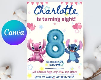 Editable Stitch and Angel 8th Birthday Invitation, Stitch Party Invite for Girls, Printable Stitch Invite, Canva Template, pink & blue bday.