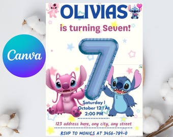 Stitch and Angel 7th Birthday Invitation editable, Stitch Party Invite for Girls, Printable Stitch Invite, Canva Template, pink blue bday.