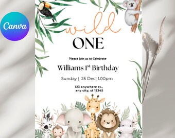 Wild One Birthday Invite| Safari First Birthday Invite| Wild One First Birthday Invitation|  Jungle Animal Themed Birthday.