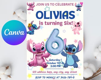 Stitch Six Birthday Invitation, Stitch Birthday Theme Canva, Editable & Printable Template, Cute Stitch Party Invite, Instant Download.