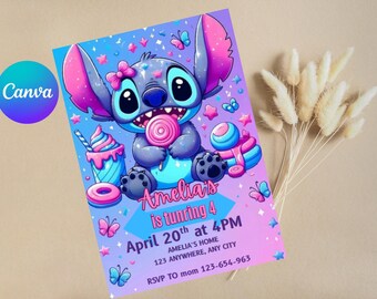 Editable Stitch Birthday Invitation, Cute Stitch Party Invite, Printable Canva Template, Instant Digital Download.