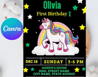 Unicorn Birthday Invitation Girl, Editable Rainbow 5x7 Canva Template, Printable Pink Party Invite, Instant Download