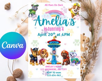 Editable Paw-ty Birthday Invitation Template, Kids Party Invitation, Puppy Patrol Pup Boys & Girls Bday, Canva Digital Download.