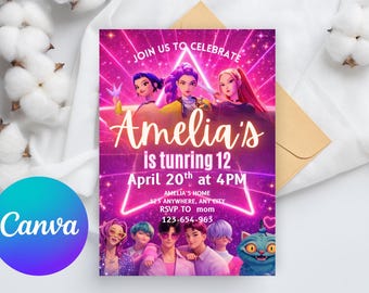 Kpop Birthday Invitation Template| Kpop Demon Hunters Birthday Invitation| Neon Theme Party Invite| Editable Canva (Digital Download).