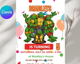 Ninja Turtles  Birthday invitation, Instant Download, turtles kids Birthday Invite Editable Canva template, karate Birthday Invite.