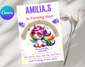 Editable Unicorn Birthday Invitation | Pastel Rainbow Unicorn Birthday Party Invite | 5x7 Printable Template | Canva Template