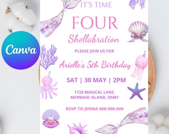 Mermaid Birthday Invitation| Editable Four Birthday Invitations Mermaid Tail| Mermaid Bash Under The Sea 4th Birthday Invite, 5x7 Invites.