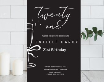 Editable 21st Birthday Invitation, Minimal Black Party Invite (Canva Template)