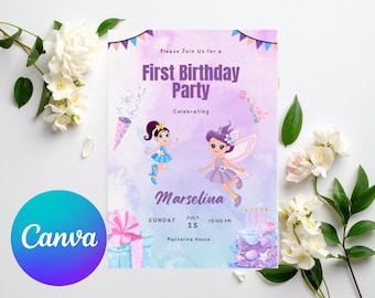 Fairy Princess First Birthday Invitation – Purple Watercolor Baby Girl Invite (Editable PDF)