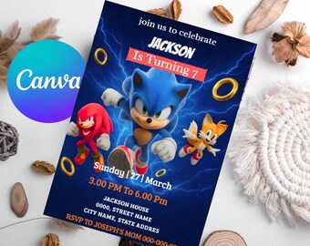 Sonic Birthday Invitation| Sonic Theme Party Invite| Editable Canva 5x7 Inch Digital Download.