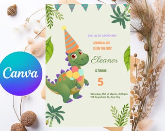 Editable Dinosaur Birthday Invitation, 5th Birthday Party Invite (Canva Template)