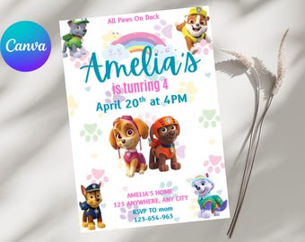 Paw-ty Birthday Invitation Editable Template, Kids Party Invitation, Puppy Patrol Pup Boys And Girls Bday, Digital Download