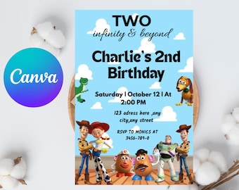 Two infinity and Beyond 2nd Birthday invitation Editable | Girl Toy Story Party invitation| Canva Digital kids Birthday invites.