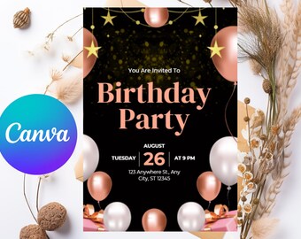 Editable Birthday Dinner Invitation, Elegant Black Gold Birthday Invitation Template, Balloon Party Invite (Canva)